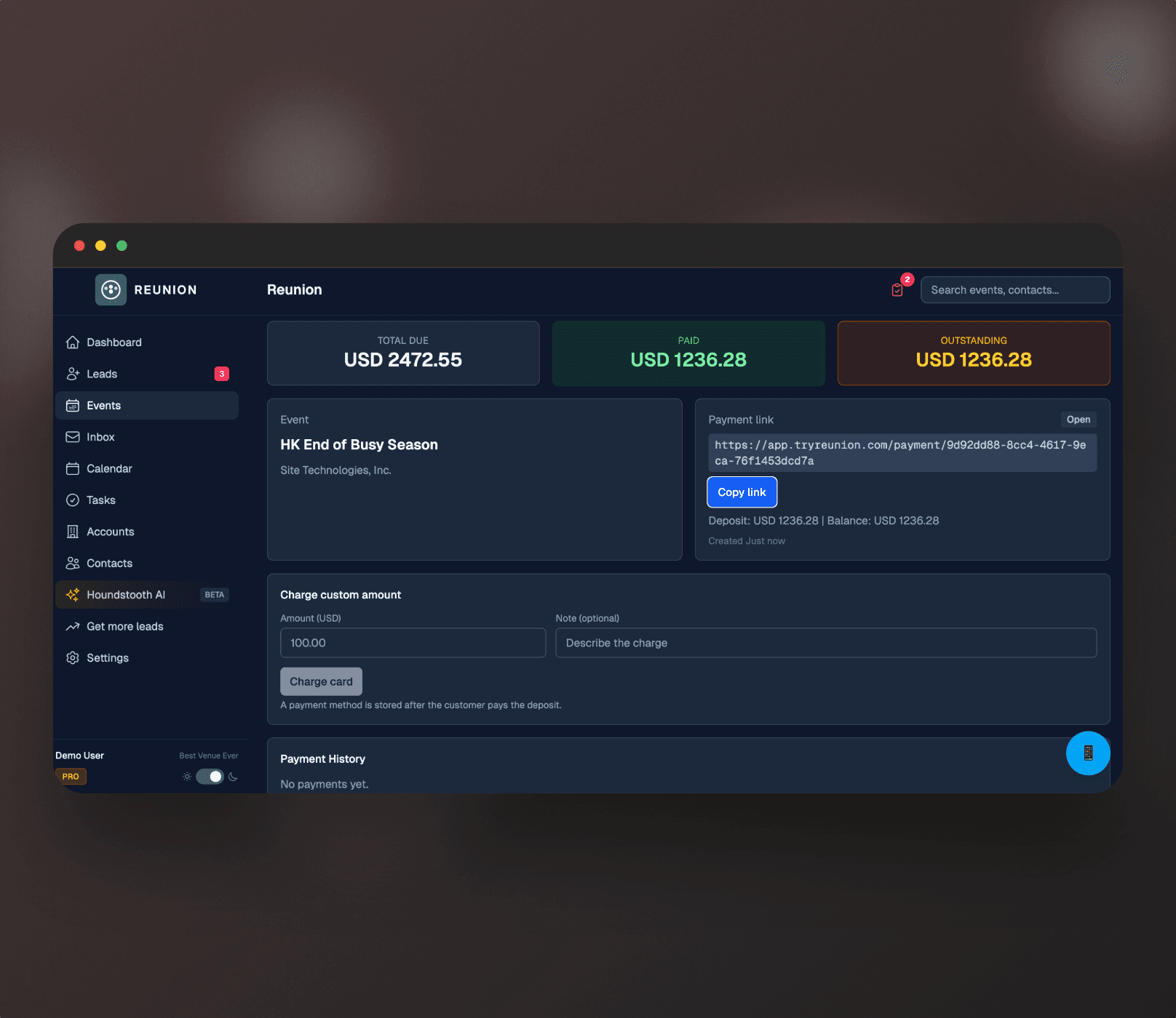 Reunion payments screen showing paid and outstanding balances