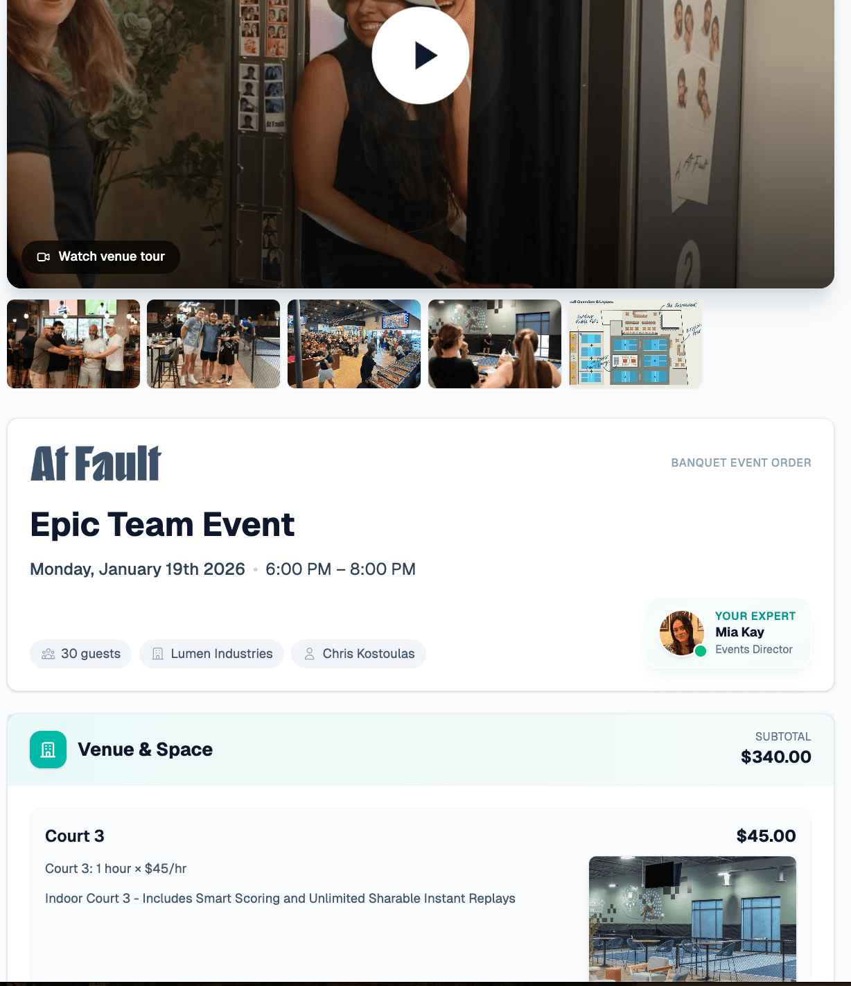 Beautiful BEO proposal with venue branding, event details, and pricing