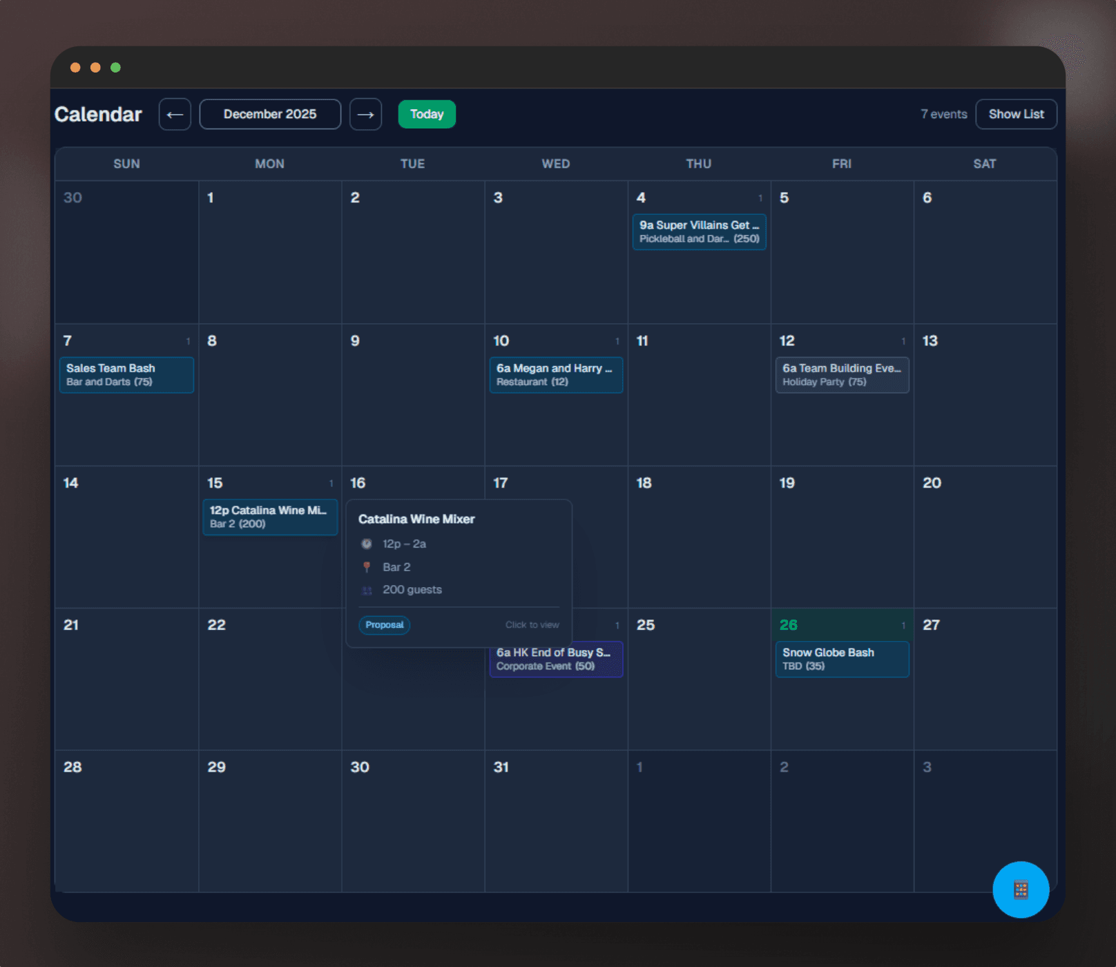 Event calendar showing confirmed event