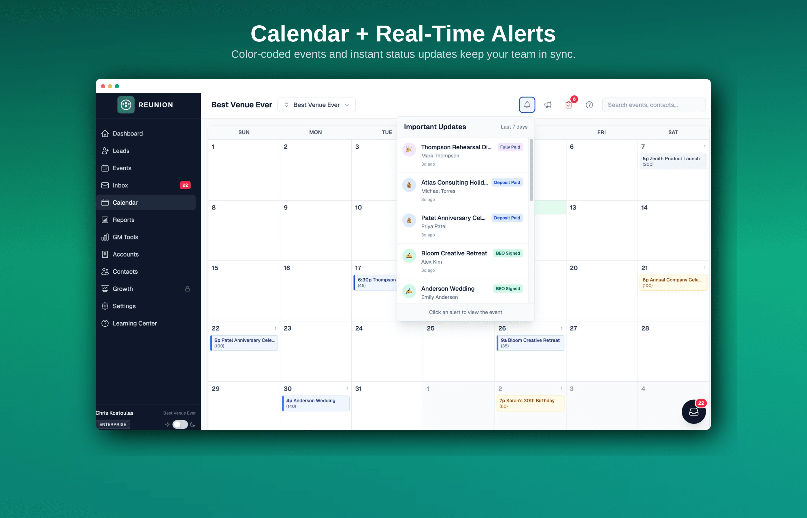 Calendar + Real-Time Alerts — color-coded events and instant status updates
