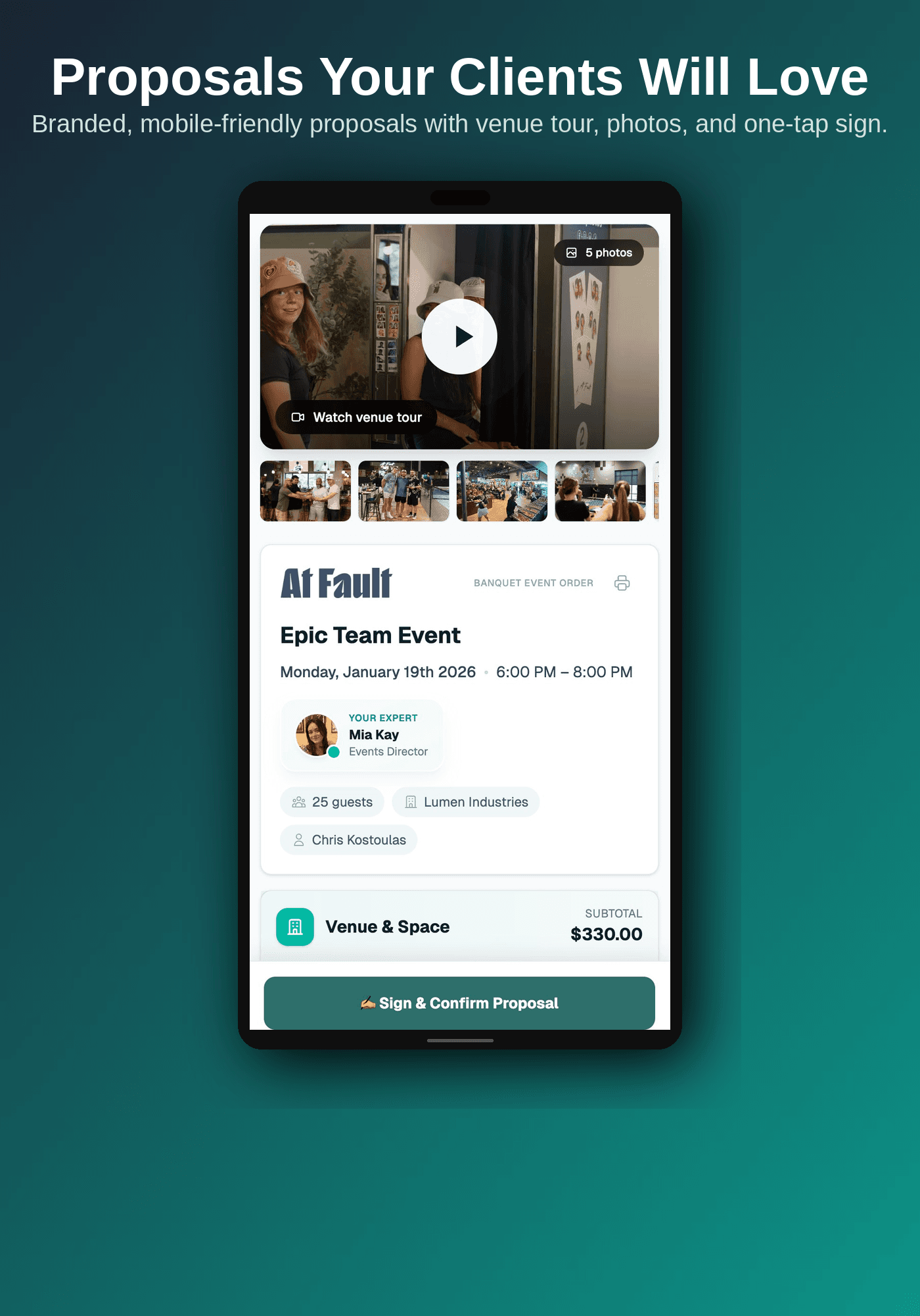 Client Proposal — branded, mobile-friendly proposals with venue tour, photos, and one-tap sign