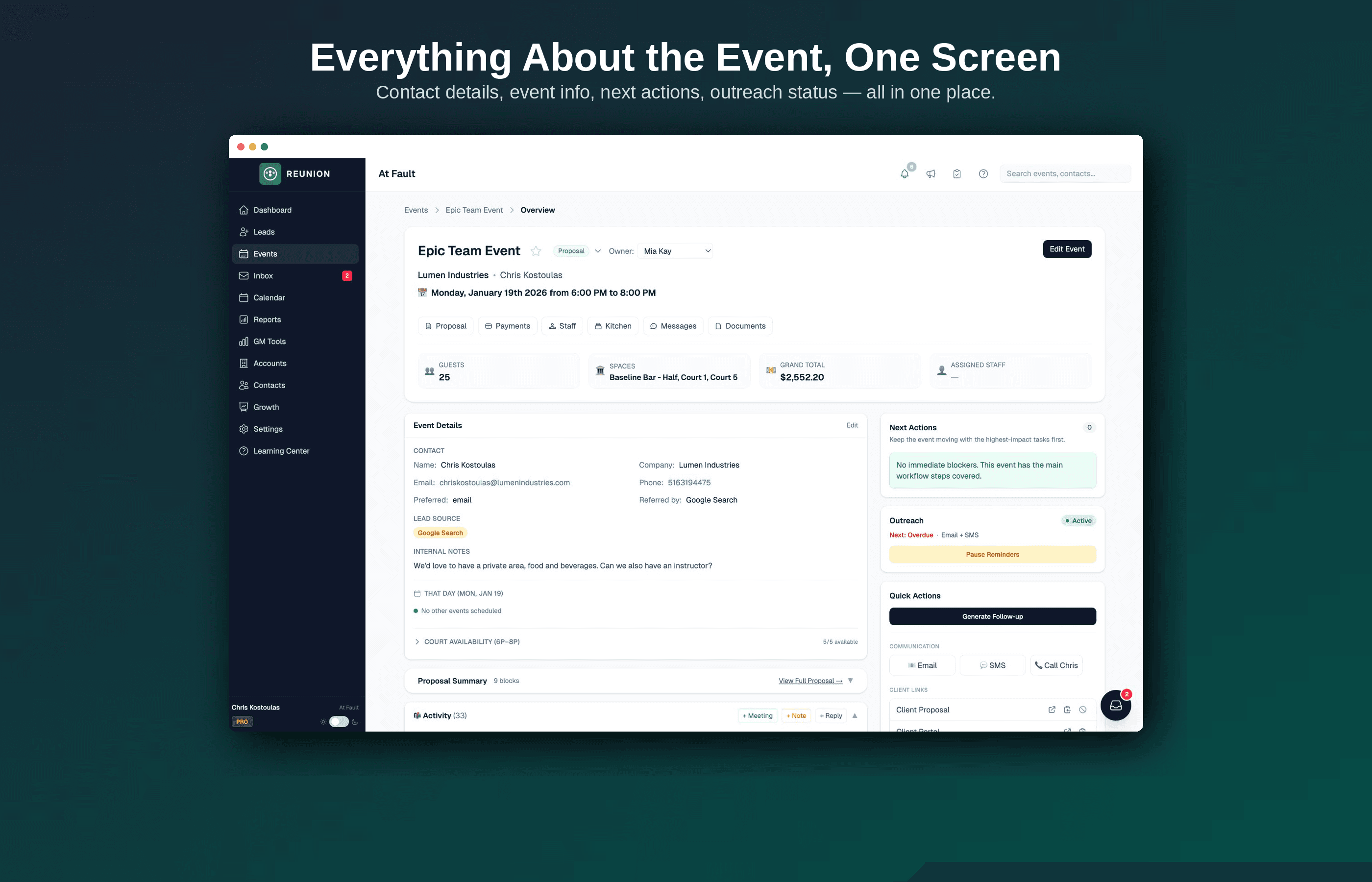 Event Overview — contact details, event info, next actions, and outreach status in one screen