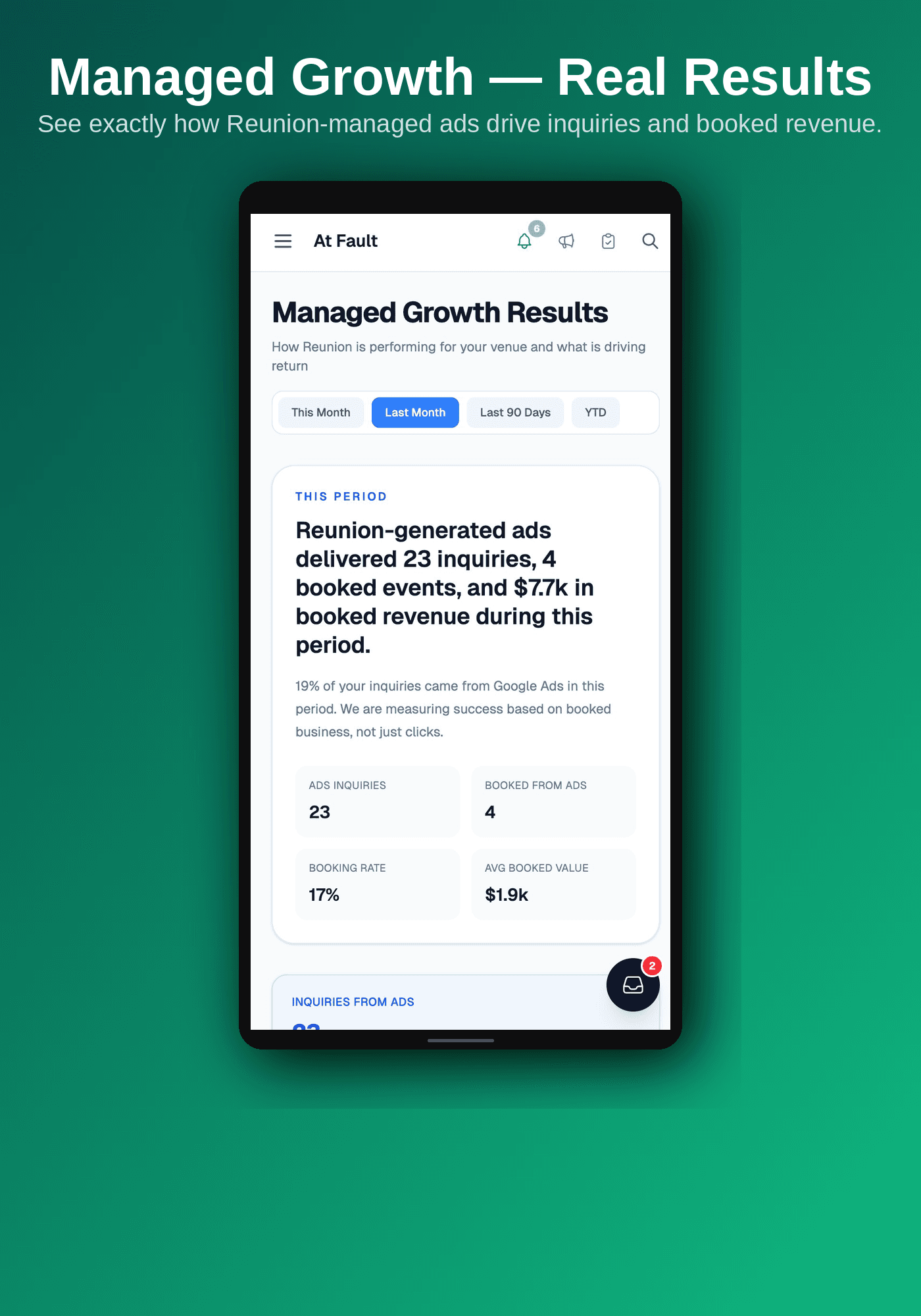 Managed Lead Generation — real results from Reunion-managed ads showing inquiries and booked revenue