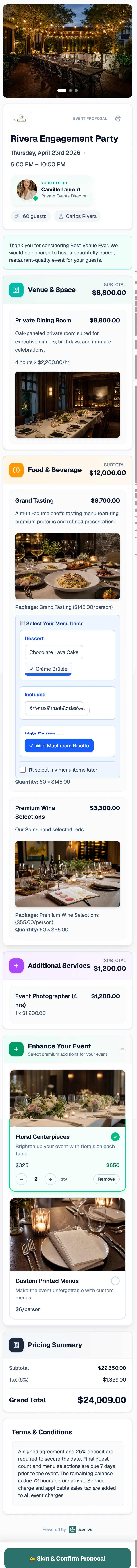 Mobile restaurant event proposal with private dining, menu selections, enhancements, pricing, and signature