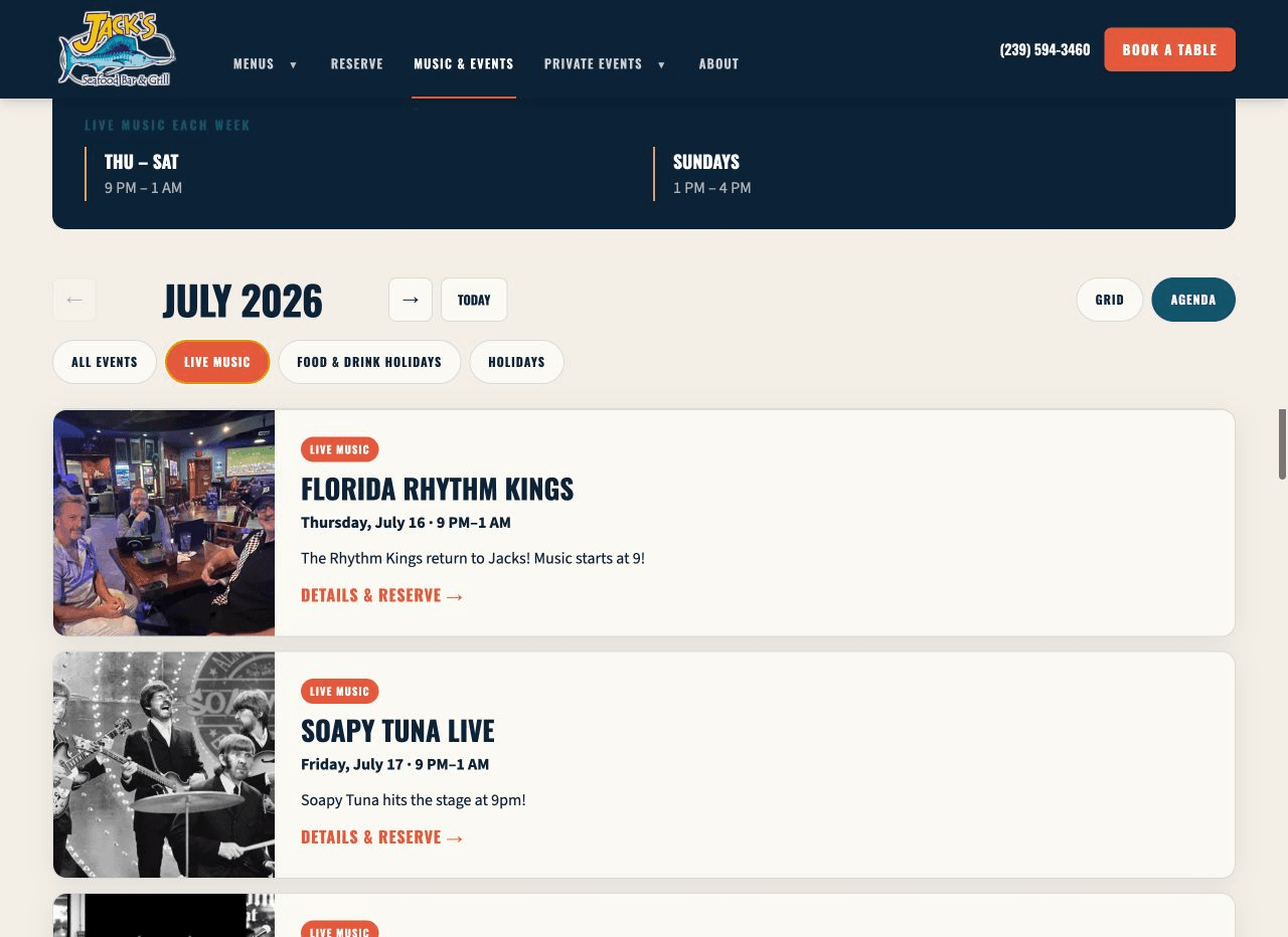 Live music agenda with band details and reservation links on the Jack's Seafood Bar and Grill website