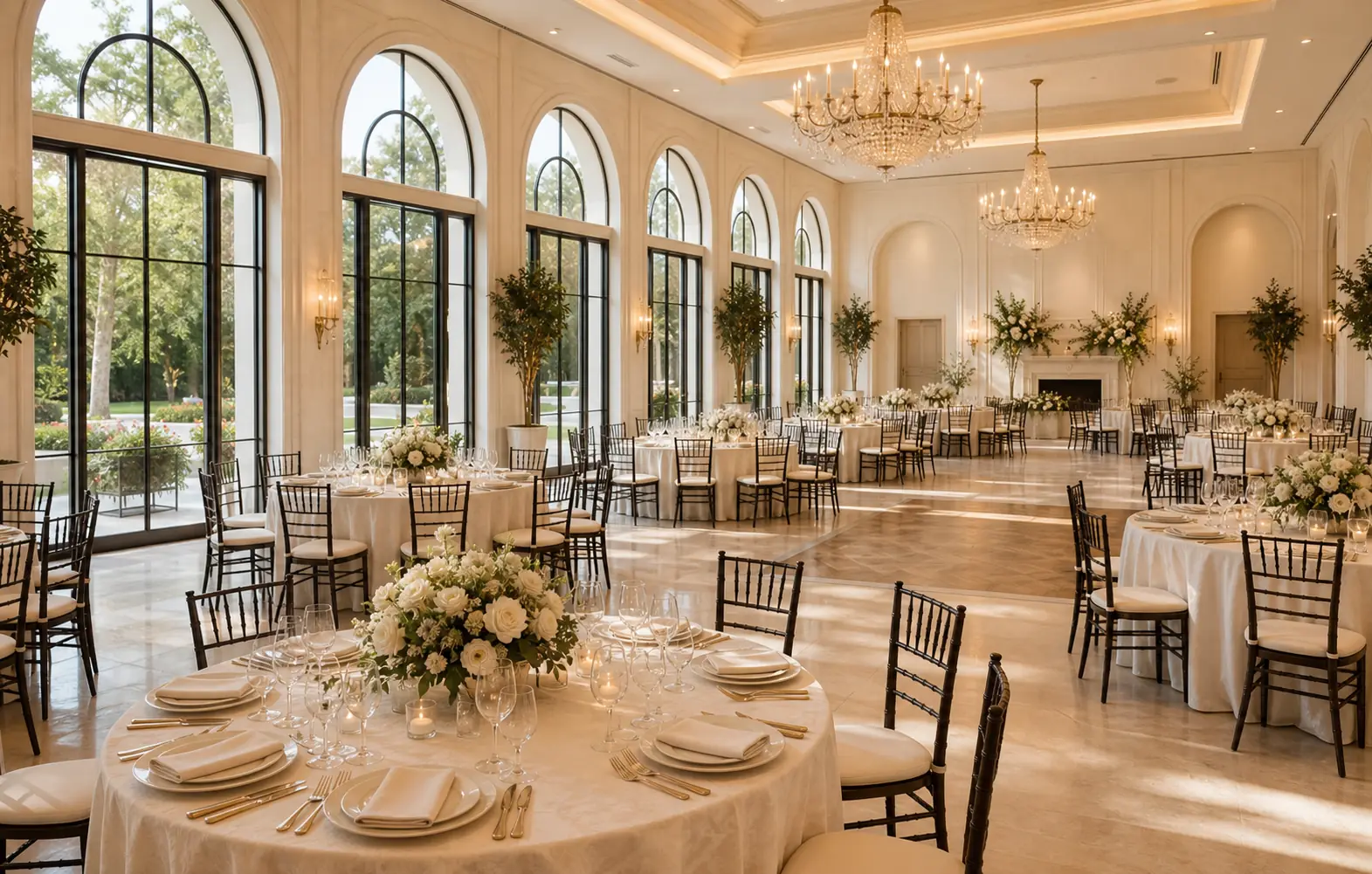 Elegant ballroom set for an event