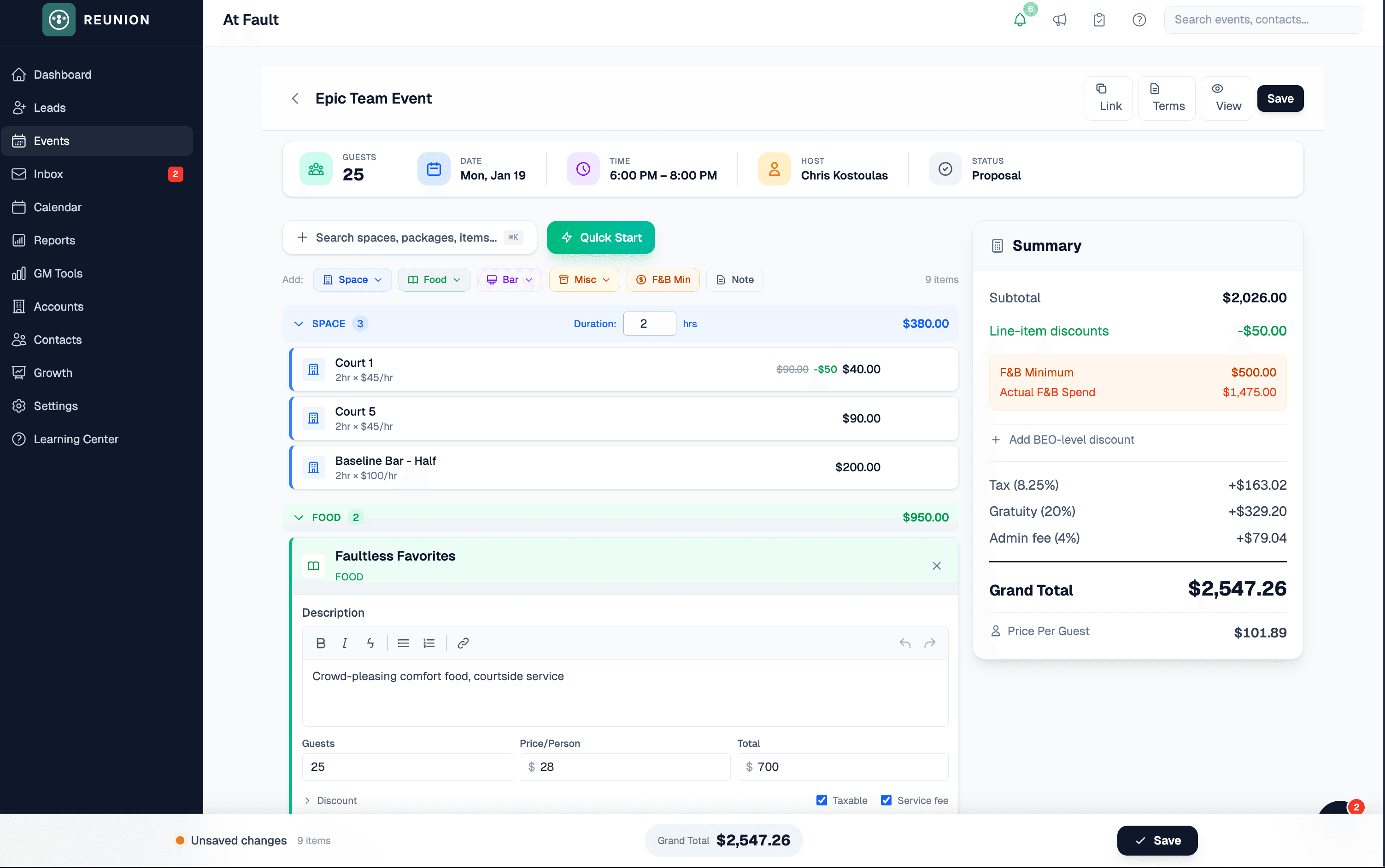 Reunion BEO builder showing event items, pricing, minimums, and grand total