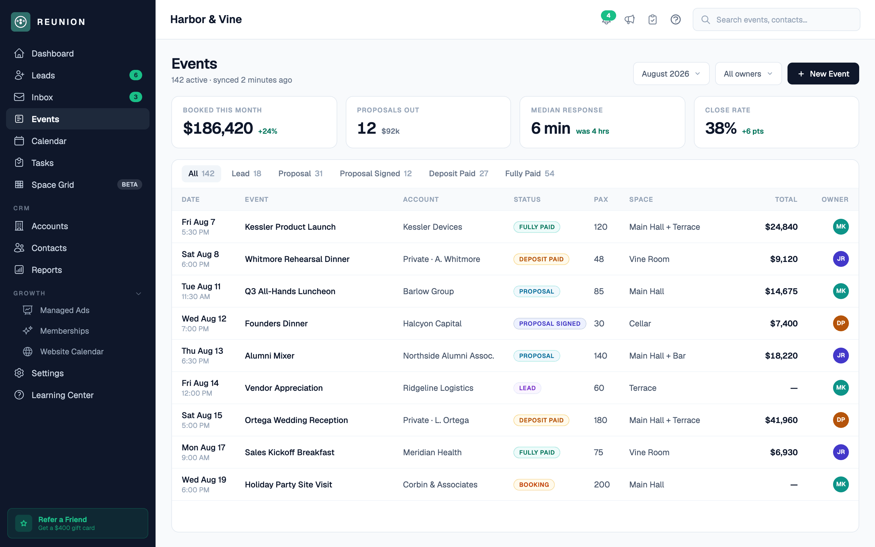 Reunion events list after a guided migration
