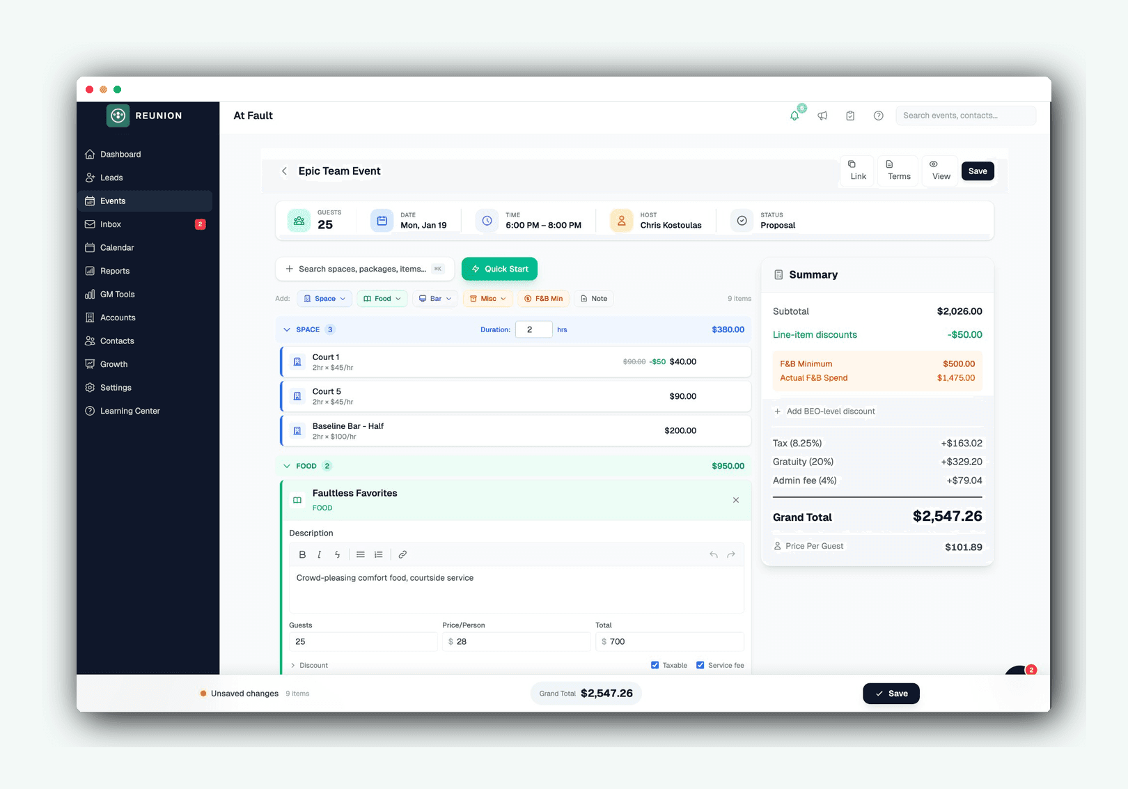 Reunion BEO builder with spaces, menu items, pricing, and grand total