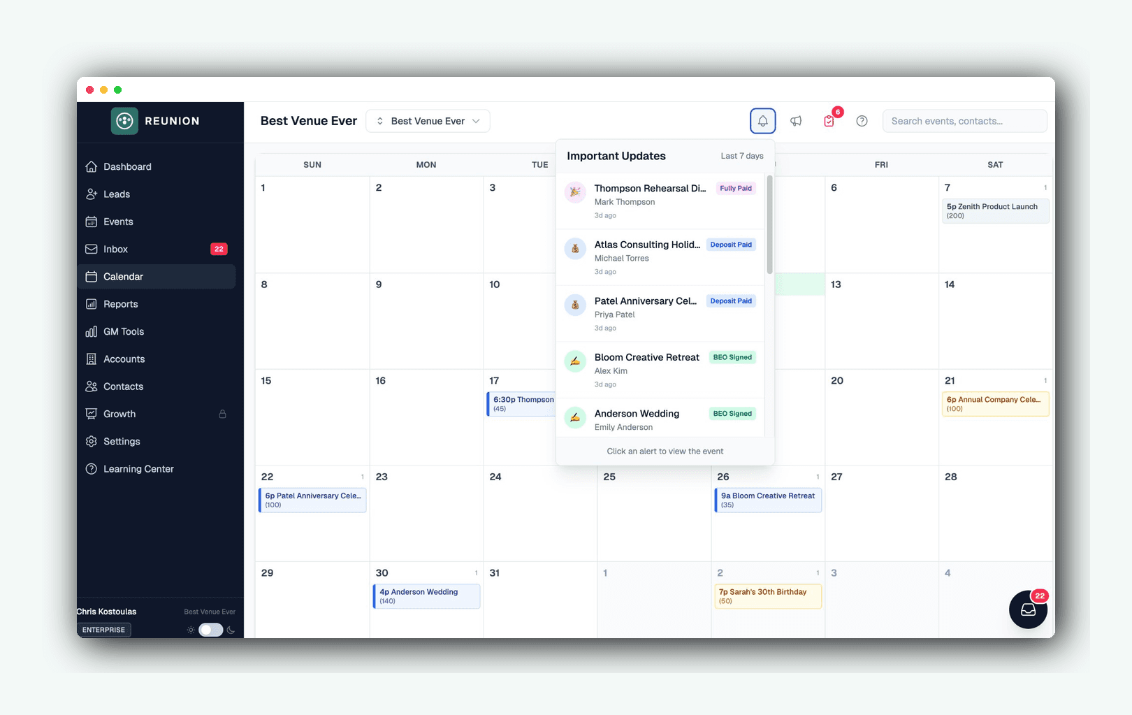 Event calendar with color-coded statuses