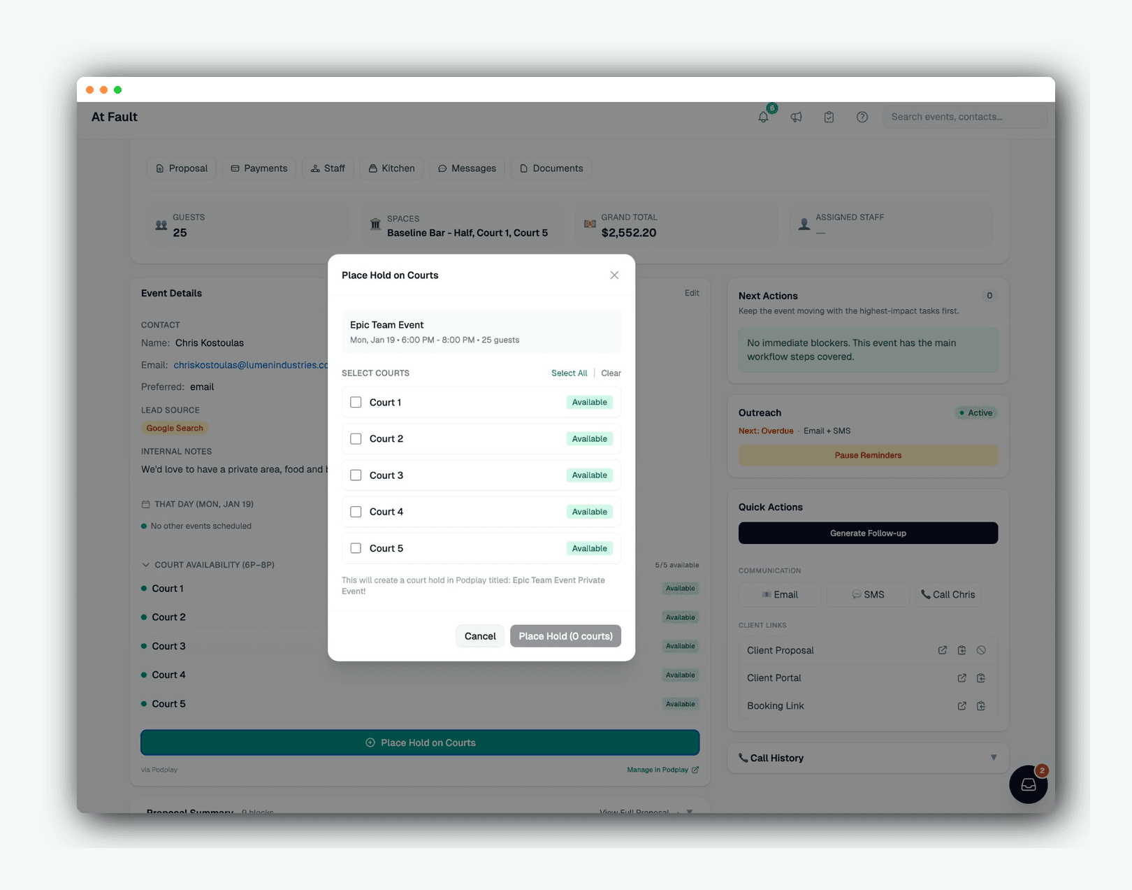Court hold synced with the booking system