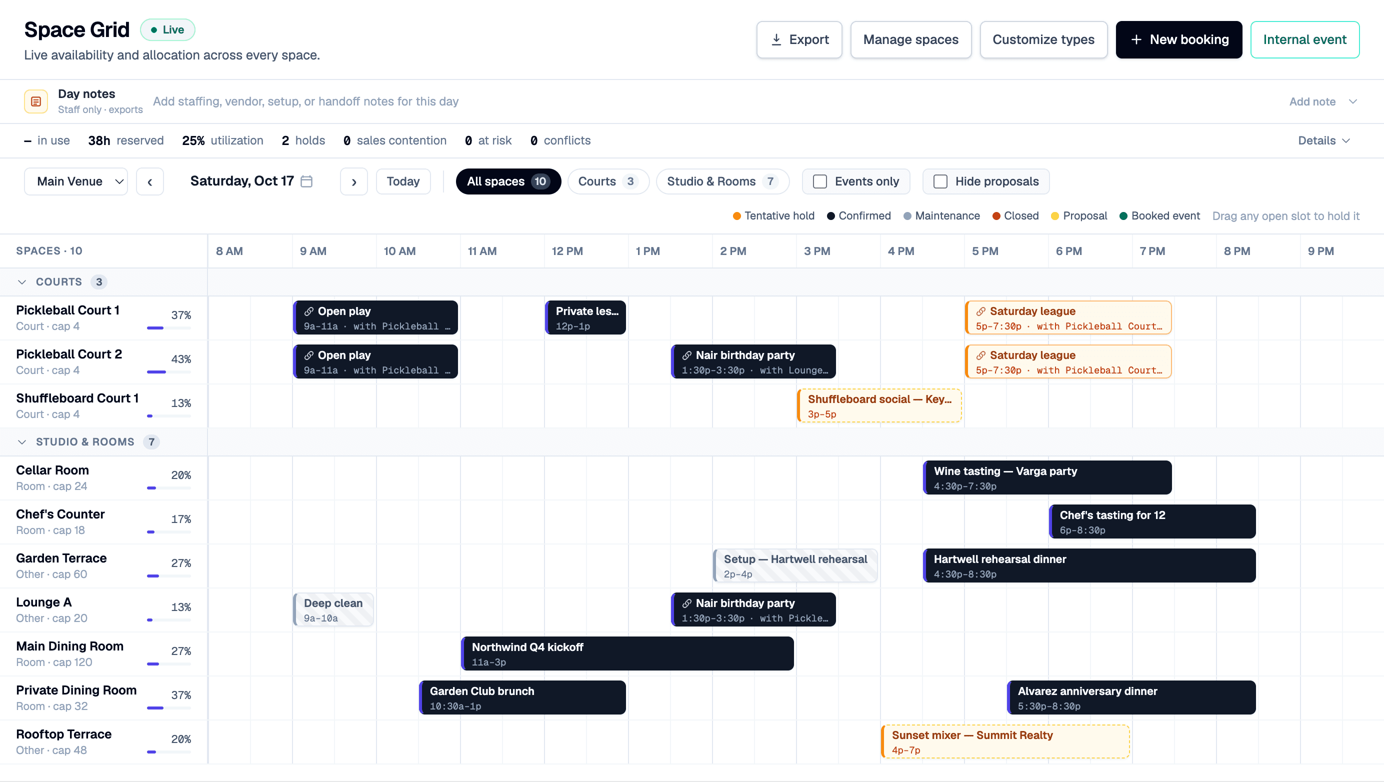 Space Grid showing a Saturday of court, room, and terrace bookings