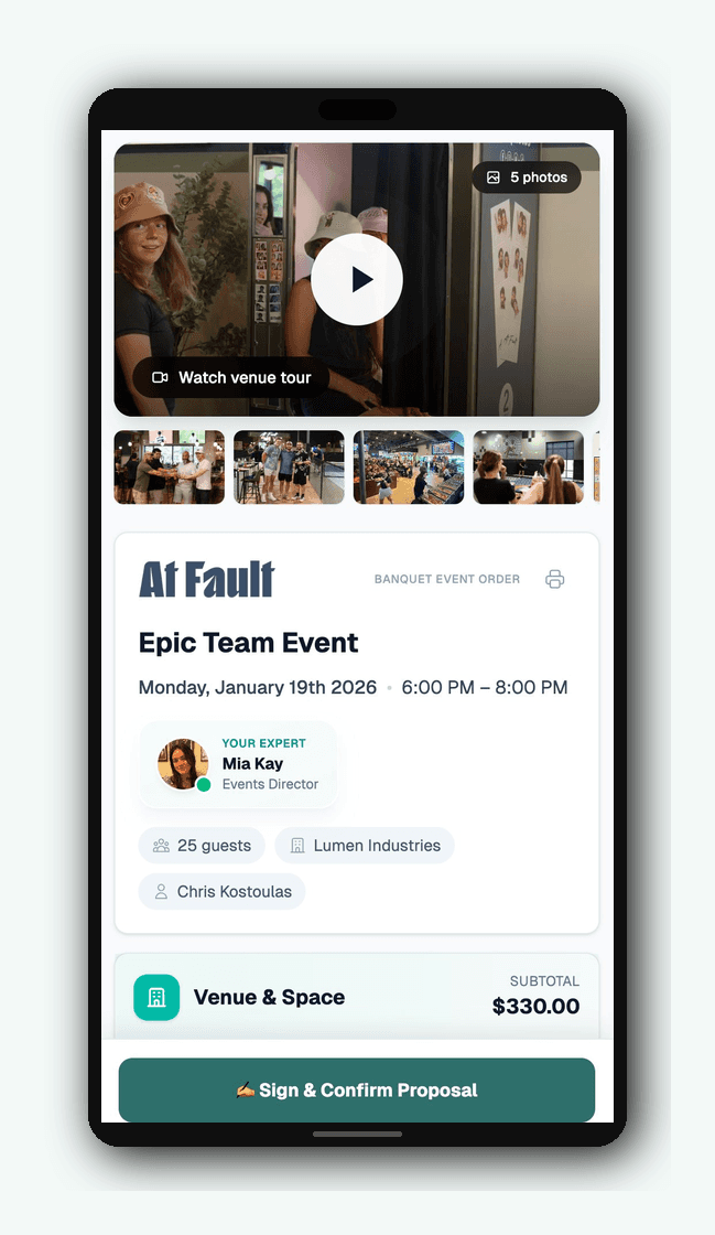 Client-facing Reunion proposal with venue media and event details