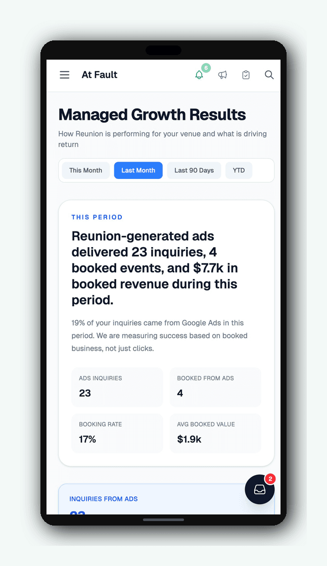 Managed Growth results on mobile — inquiries, booked events, and revenue from ads