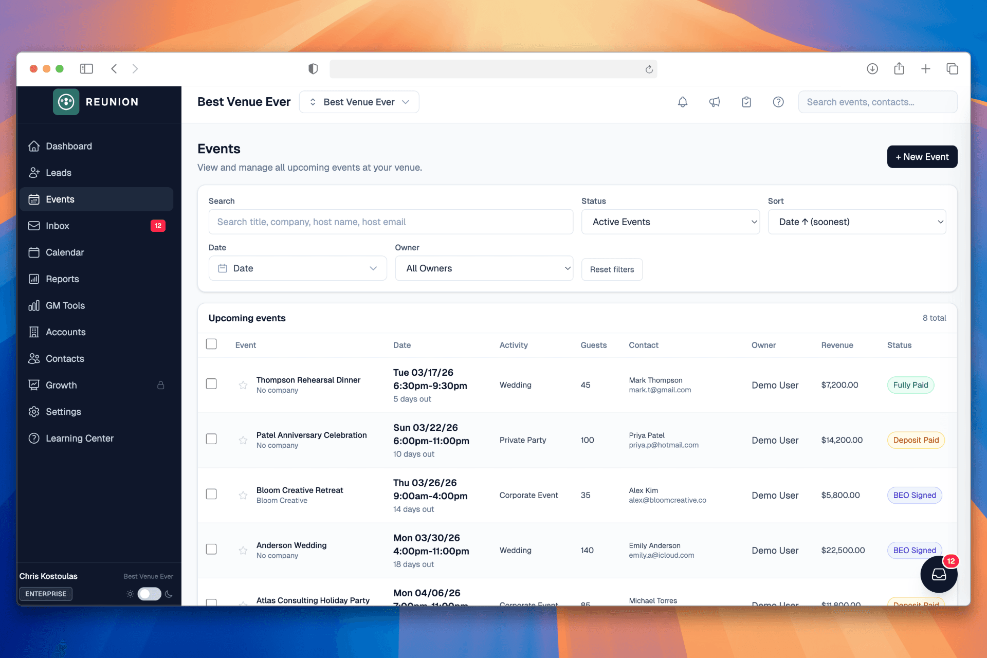 Reunion private event management dashboard — events list, revenue pipeline, and proposal tracking