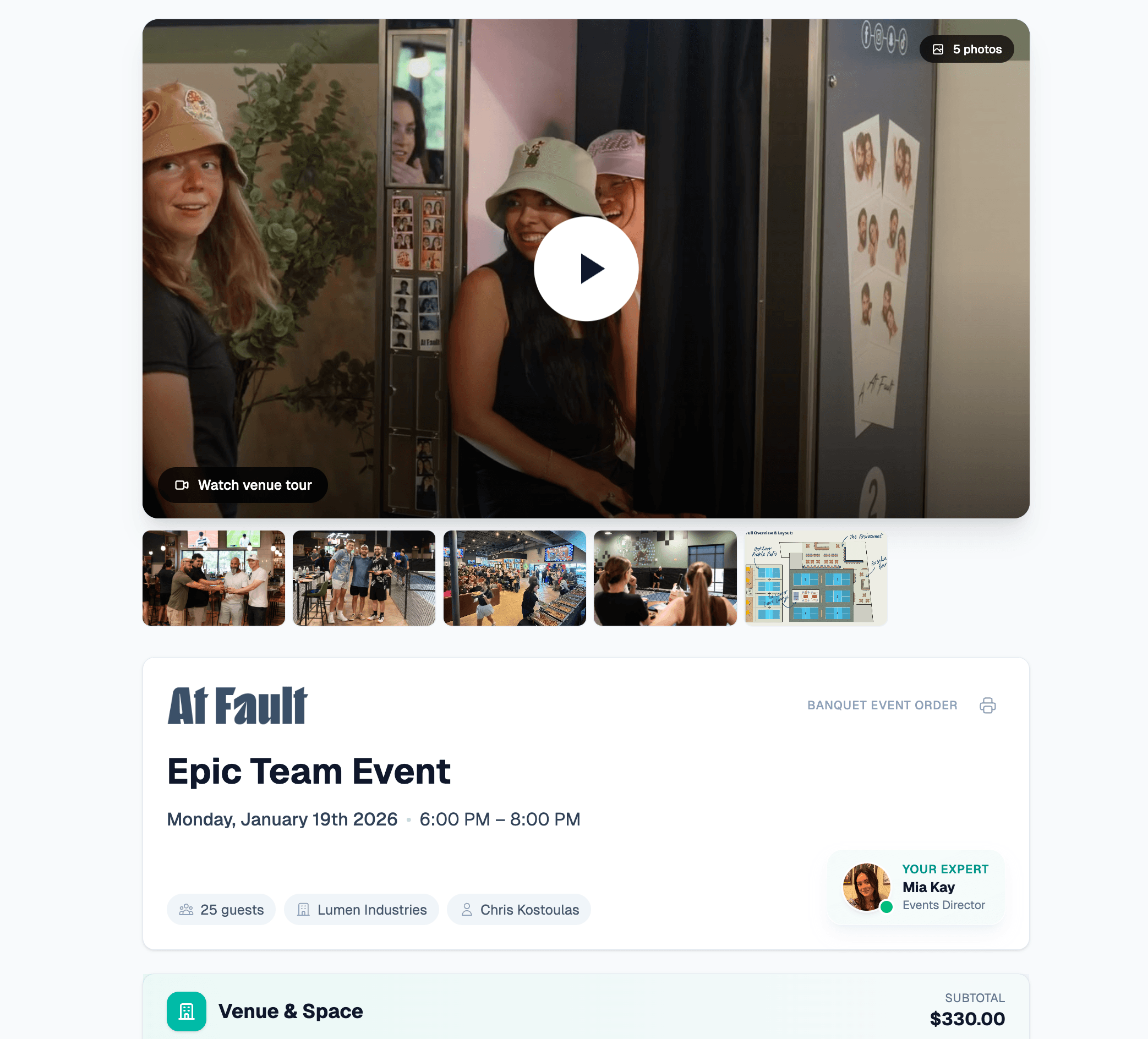 Branded client proposal page with venue video tour, photos, and e-signature