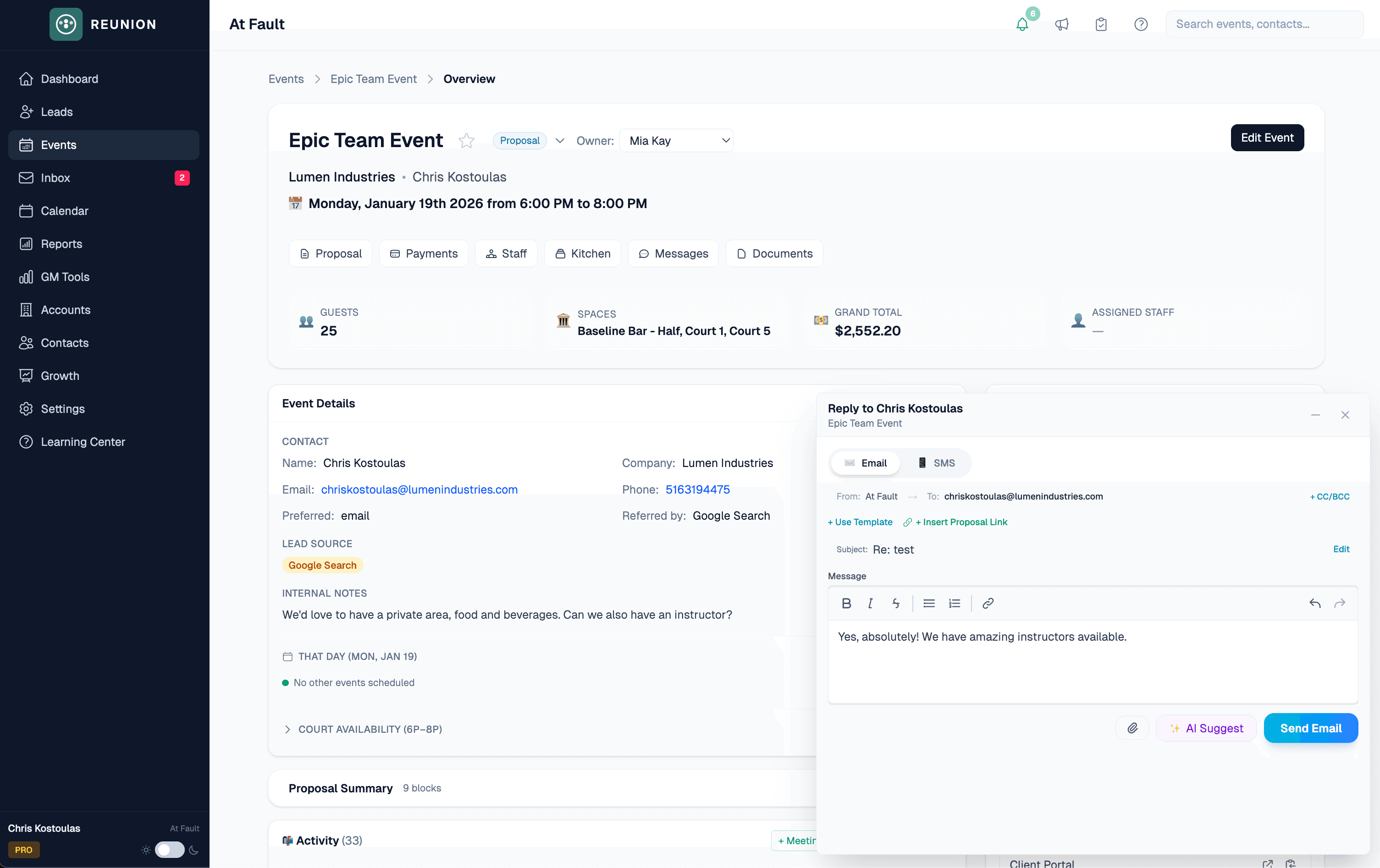 Reunion unified inbox showing email and SMS composer with AI suggest attached to an event