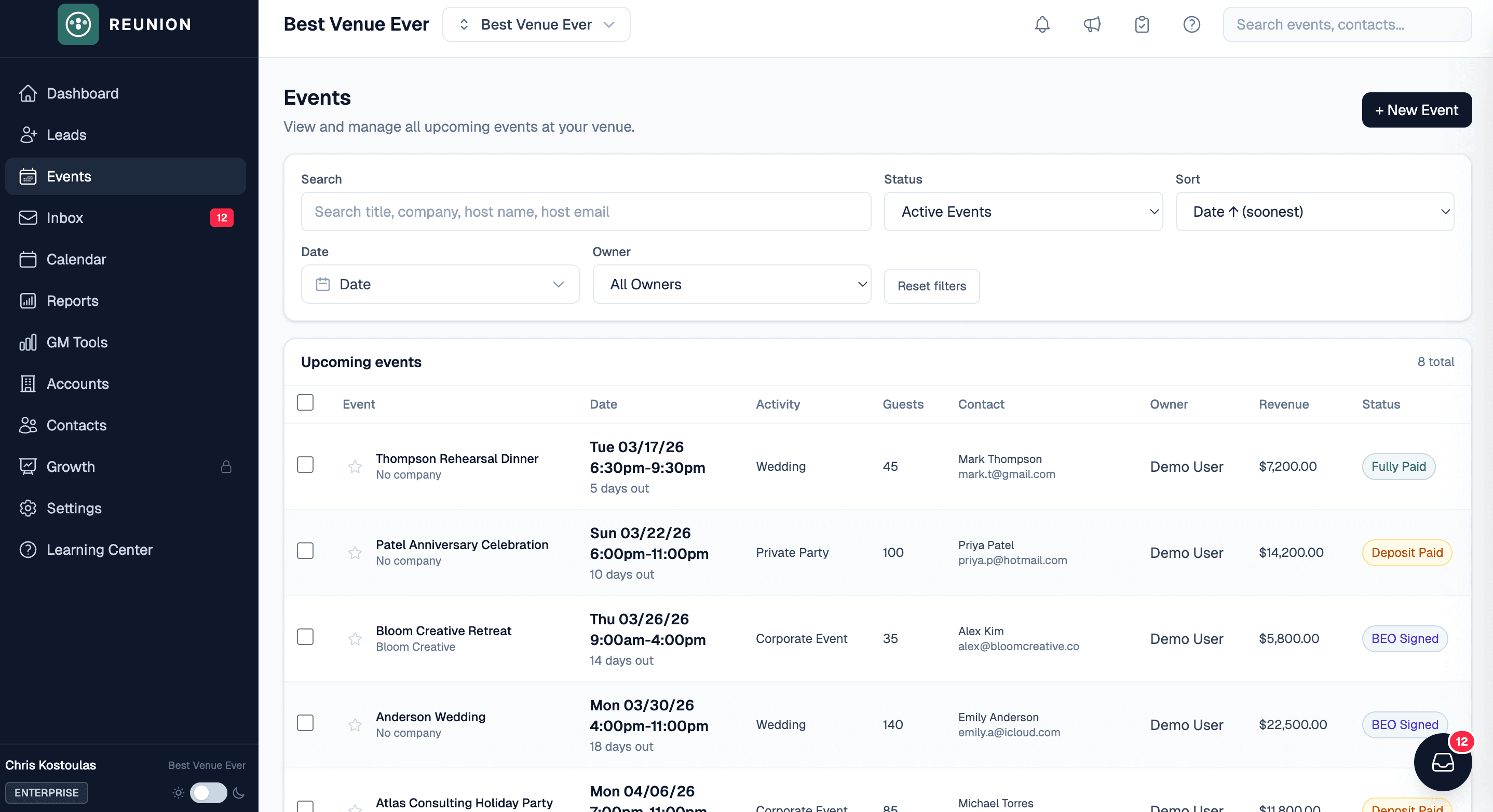 Reunion events list showing upcoming private events with revenue, guests, and status