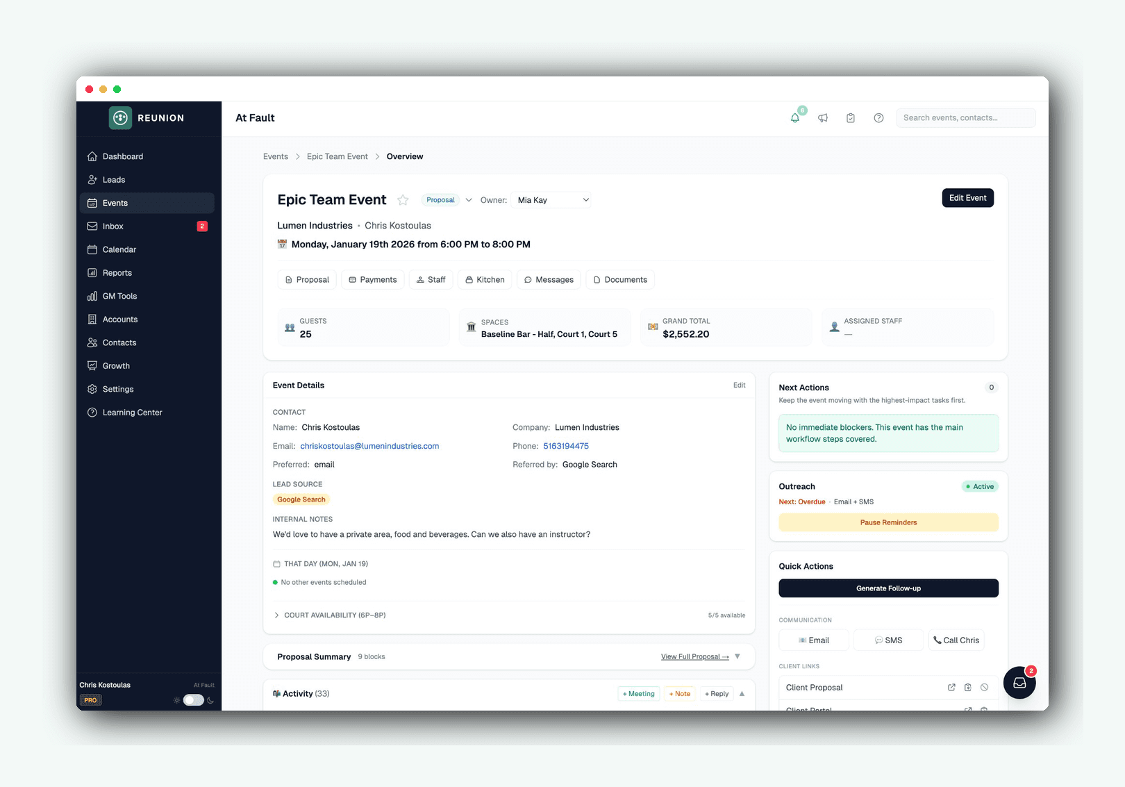 Reunion event overview showing the timeline, client details, proposal status, and payments