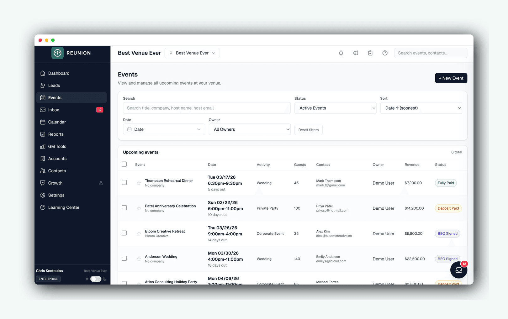 Reunion lead pipeline with private event stages and revenue
