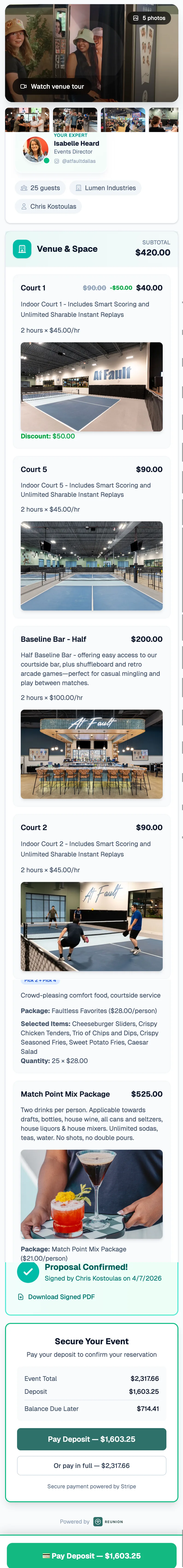Mobile event proposal with packages, signature, and deposit payment
