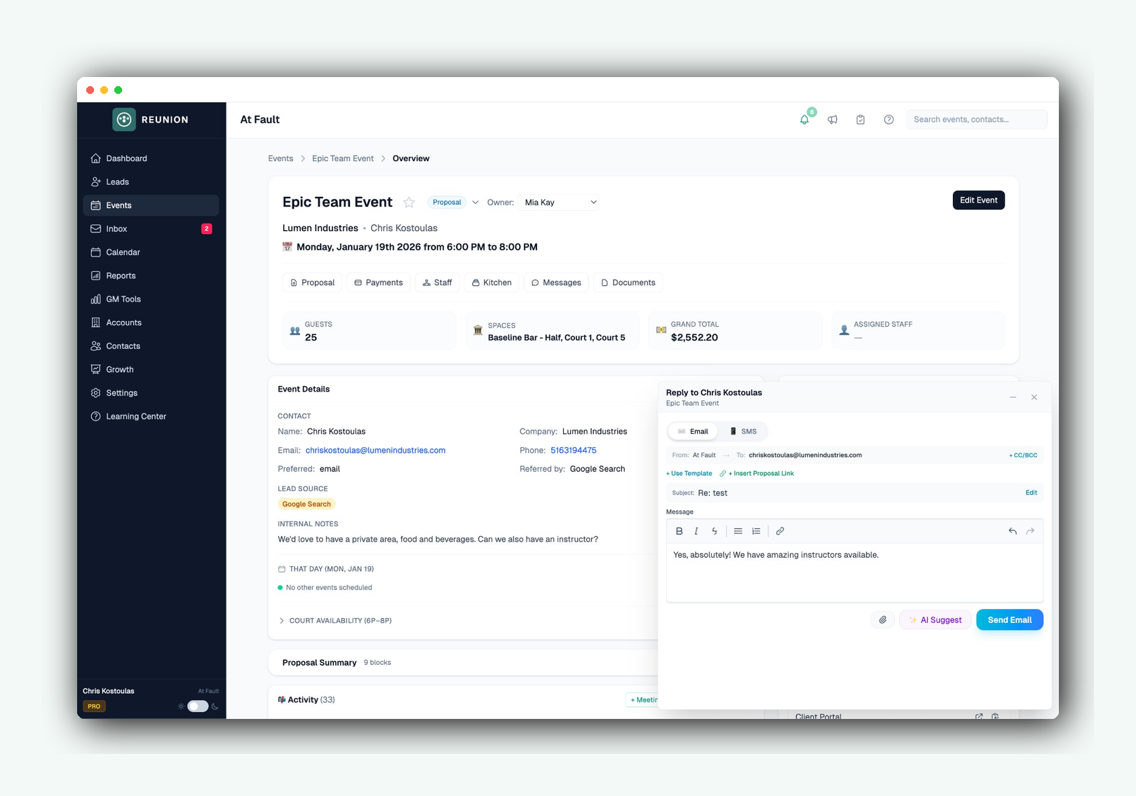 Reunion unified inbox with email composer, AI suggestions, and event context