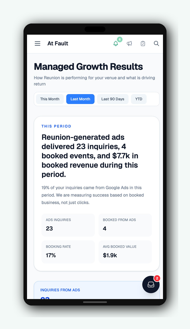 Reunion Growth Ads dashboard showing ad inquiries, booking rate, and revenue
